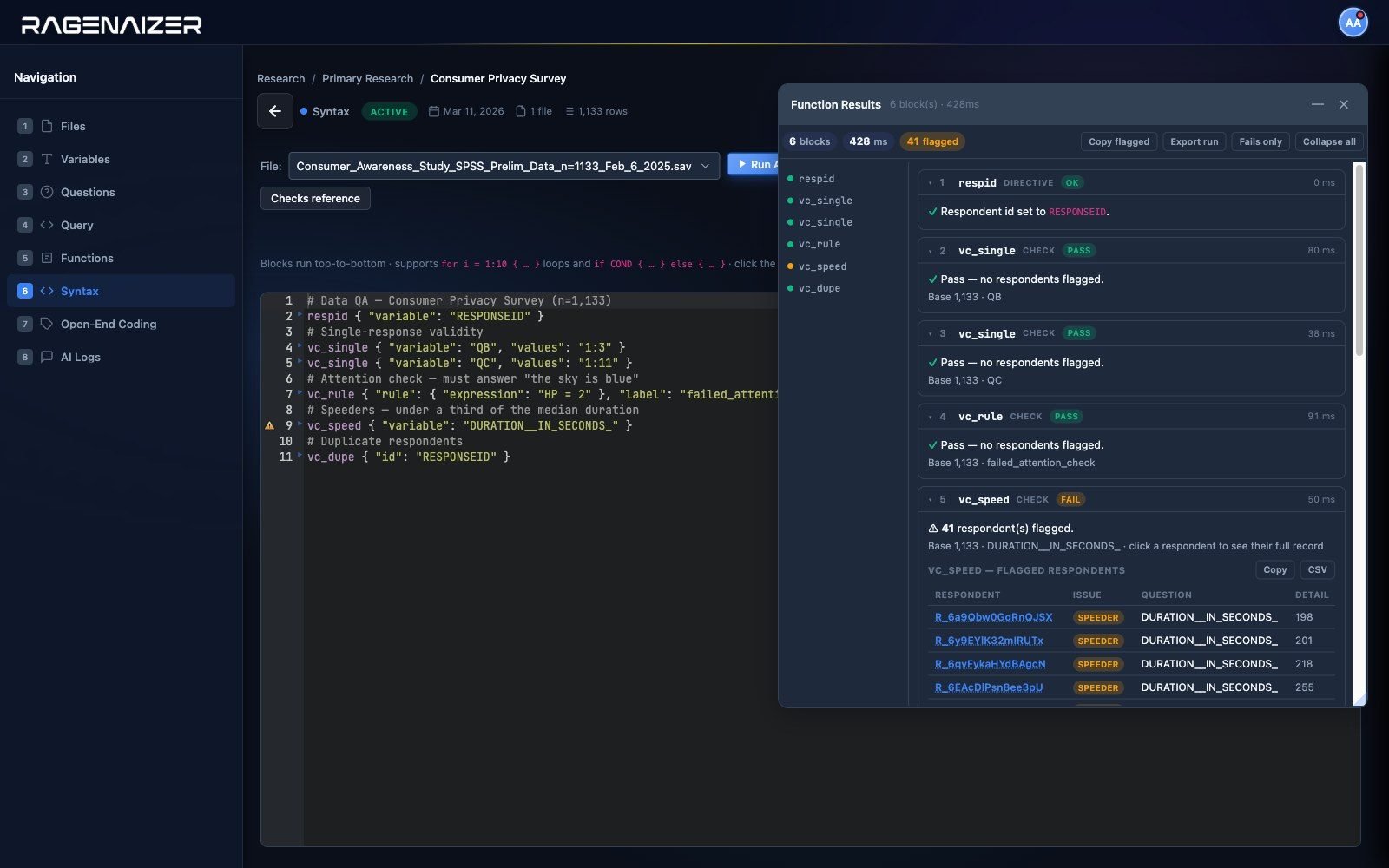 Ragenaizer Research validation run — QA script on the left, live pass/fail results with flagged speeders on the right